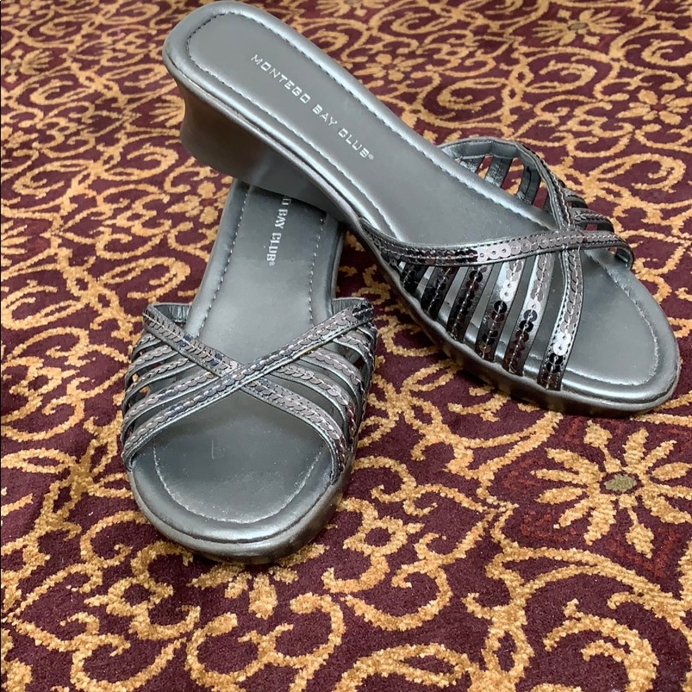 Montego Bay Club silver slide sandals.